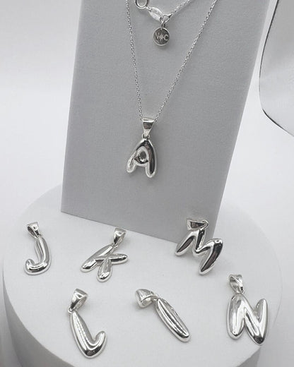 Custom Silver Bubble Initial Necklace, 3D Puffy Balloon Letter Pendant in 925 Sterling Silver, Modern Personalized Monogram Gift for Her