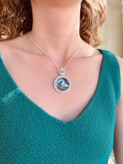Solid 925 Sterling Silver Engravable Crown Pendant, Custom Monogram Photo Mirror Medallion Necklace for Men & Women, Personalized Royal Crest Jewelry