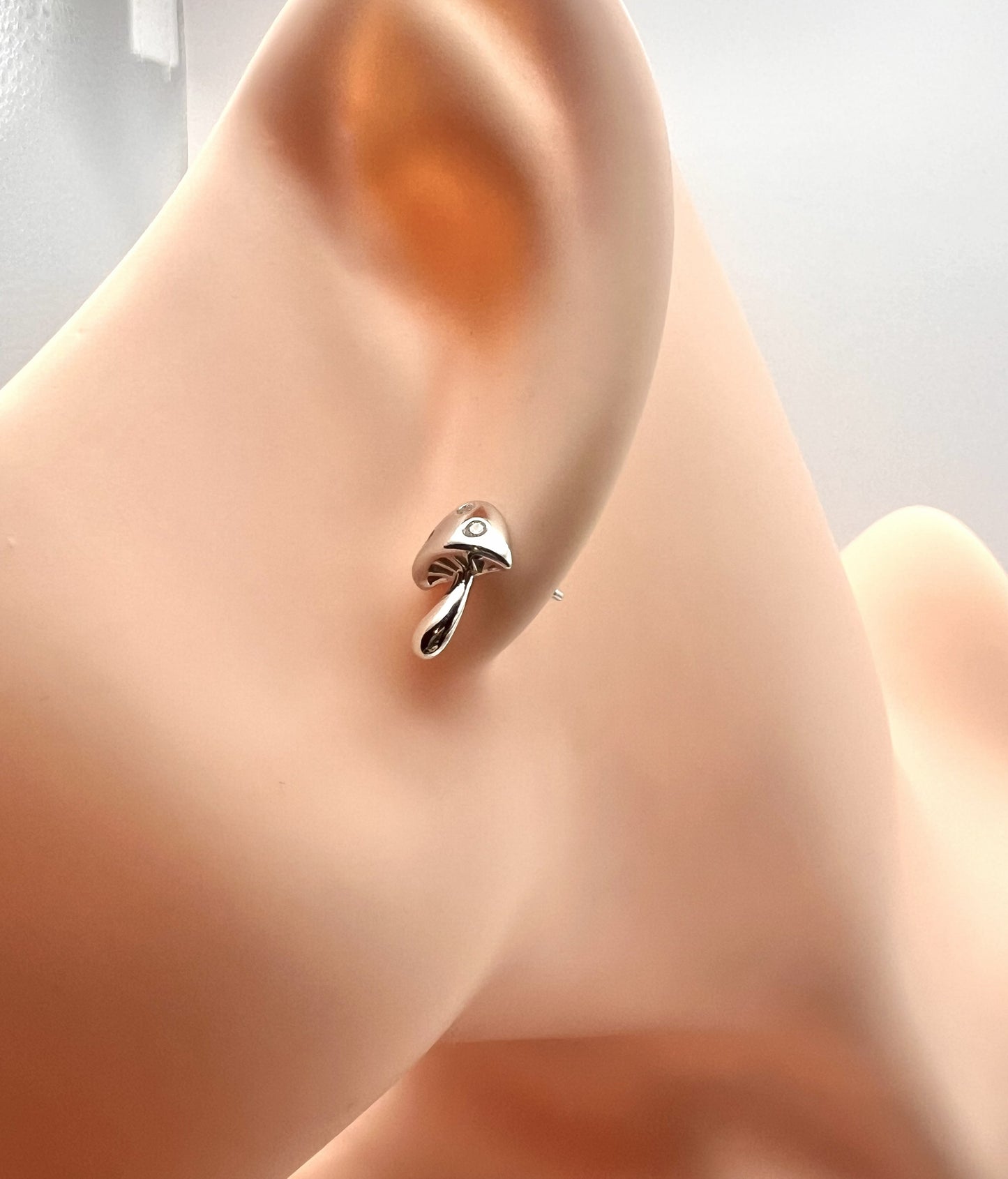 Solid 925 Sterling Silver Mushroom Studs, Tiny Silver Mushroom Earrings, Cute Nature Inspired Dainty Studs, Premium Crystal Toadstool Studs