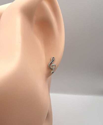 Solid 925 Sterling Silver Treble Clef Stud Earrings, Dainty G Clef Music Note Post Earrings for Women Men, Minimalist Tiny Musician Studs