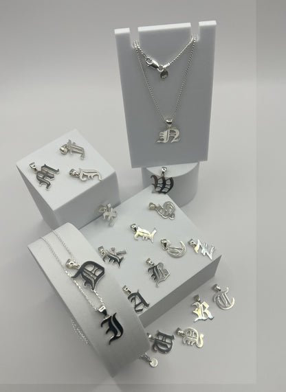 Gothic Old English Initial Necklace 925 Sterling Silver, Sand-Blasted Textured Custom Letter Pendant, Edgy Monogram Gift