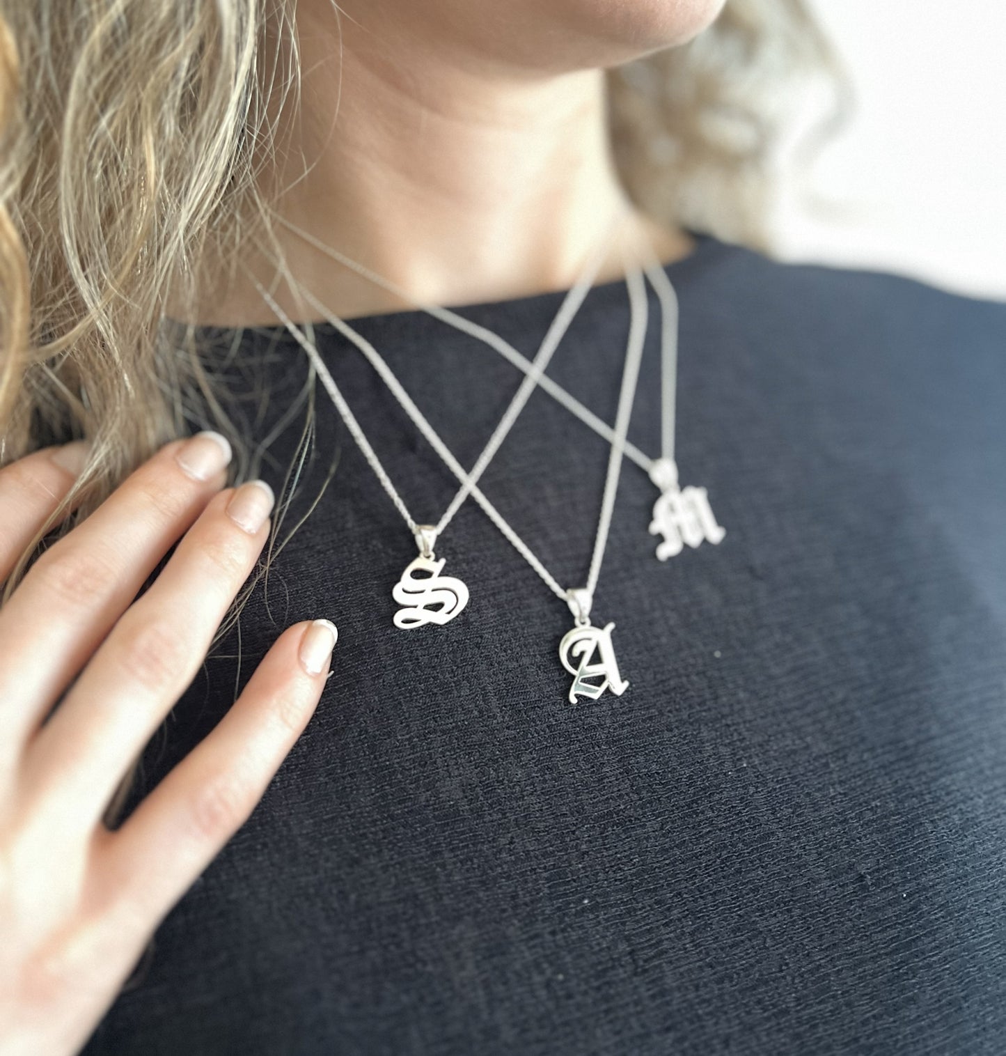 Gothic Old English Initial Necklace 925 Sterling Silver, Sand-Blasted Textured Custom Letter Pendant, Edgy Monogram Gift
