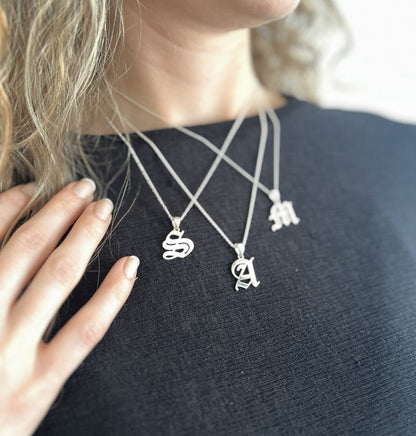 Gothic Old English Initial Necklace 925 Sterling Silver, Sand-Blasted Textured Custom Letter Pendant, Edgy Monogram Gift