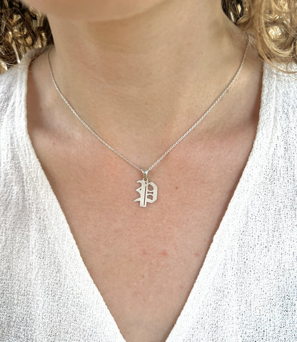 Gothic Old English Initial Necklace 925 Sterling Silver, Sand-Blasted Textured Custom Letter Pendant, Edgy Monogram Gift