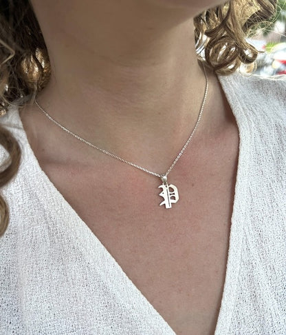 Gothic Old English Initial Necklace 925 Sterling Silver, Sand-Blasted Textured Custom Letter Pendant, Edgy Monogram Gift