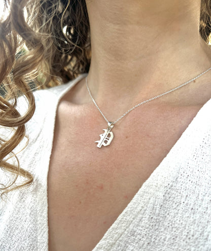 Gothic Old English Initial Necklace 925 Sterling Silver, Sand-Blasted Textured Custom Letter Pendant, Edgy Monogram Gift