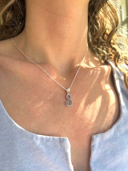 Custom Cursive Initial Necklace 925 Sterling Silver, Personalized Retro Script Letter Pendant, 1970s Style Monogram Gift for Her