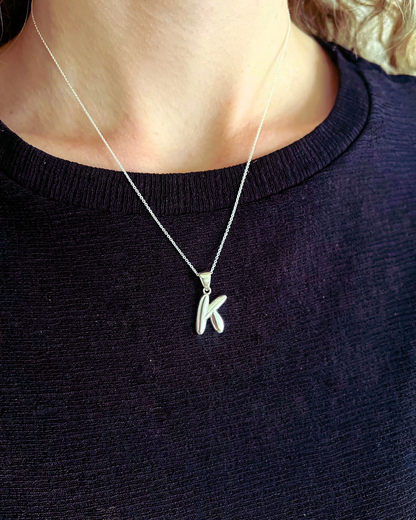 Custom Silver Bubble Initial Necklace, 3D Puffy Balloon Letter Pendant in 925 Sterling Silver, Modern Personalized Monogram Gift for Her