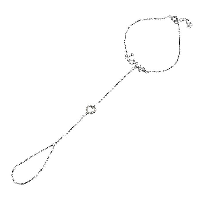 925 Sterling Silver Dainty Hand Chain, Cubic Zirconia Heart Finger Bracelet, Rhodium Plated Love Bracelet, Elegant Gift for Her
