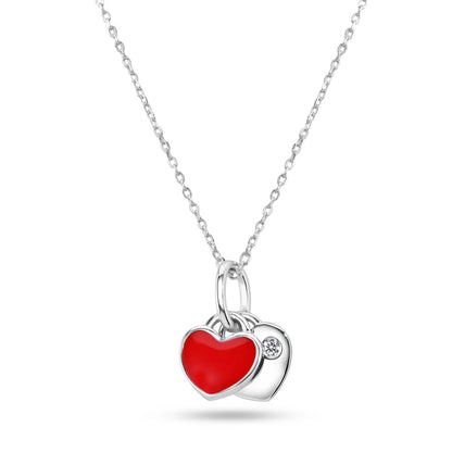 Solid 925 Sterling Silver Custom Engraved Red Enamel Double Heart Necklace, Iced CZ Love Pendant, Personalized Silver Red Heart Necklace