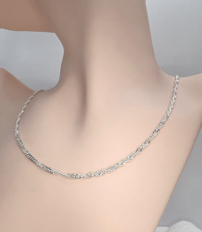 Solid 925 Sterling Silver Diamond Cut Singapore Chain, Twisted Wave Link Sparkle Necklace for Men & Women, Dainty Ripple Pendant Chain