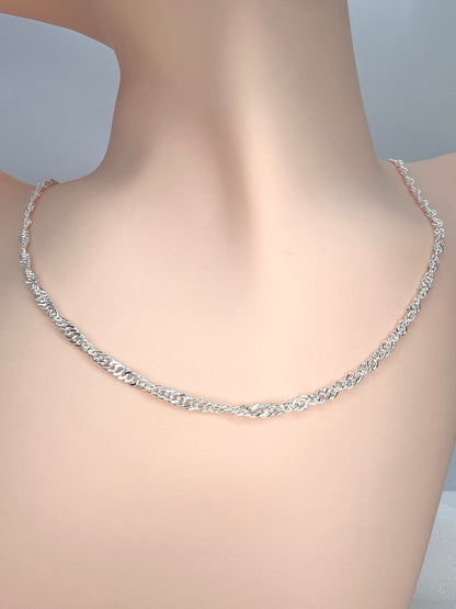 Solid 925 Sterling Silver Diamond Cut Singapore Chain, Twisted Wave Link Sparkle Necklace for Men & Women, Dainty Ripple Pendant Chain