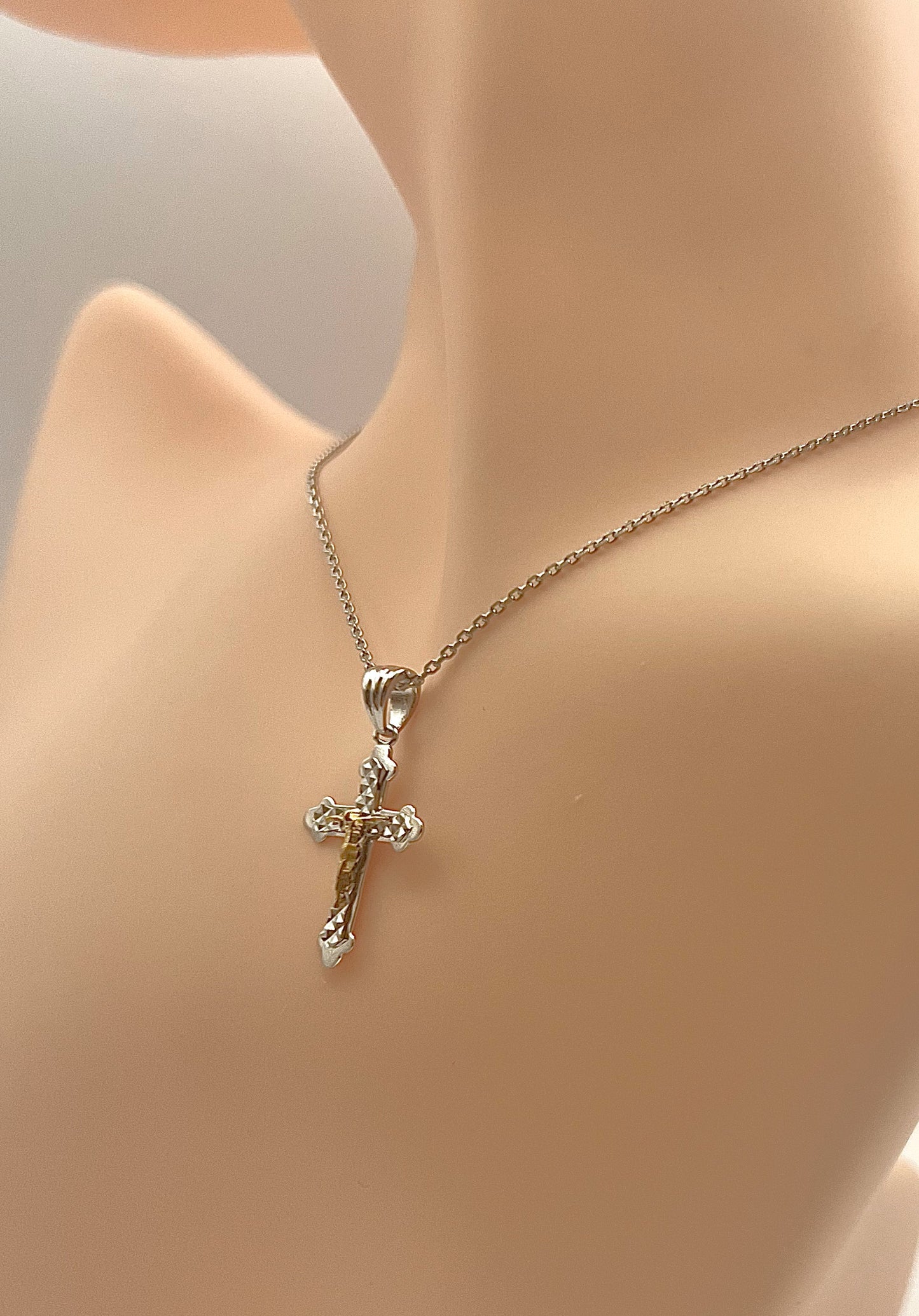 925 Sterling Silver Rhodium-plated Diamond Cut Cross Crucifix Pendant - Two Tone 14K Gold Plated Jesus