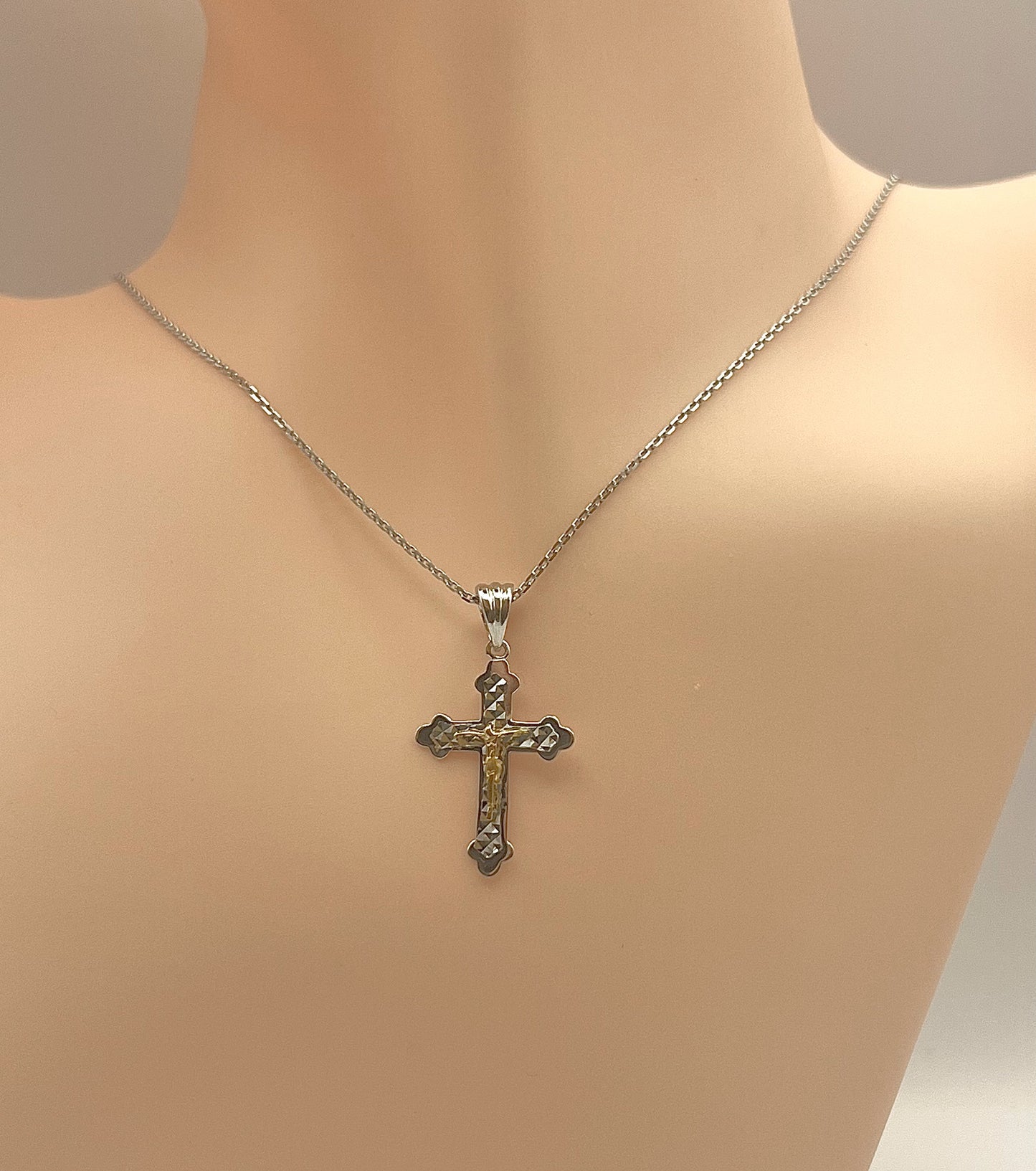 925 Sterling Silver Rhodium-plated Diamond Cut Cross Crucifix Pendant - Two Tone 14K Gold Plated Jesus