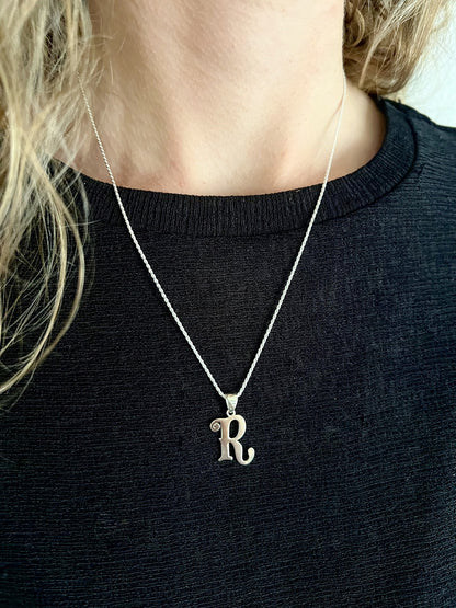 Custom Cursive Initial Necklace 925 Sterling Silver, Personalized Retro Script Letter Pendant, 1970s Style Monogram Gift for Her