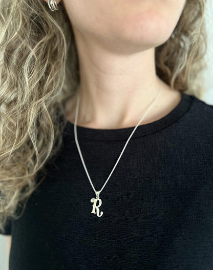 Custom Cursive Initial Necklace 925 Sterling Silver, Personalized Retro Script Letter Pendant, 1970s Style Monogram Gift for Her