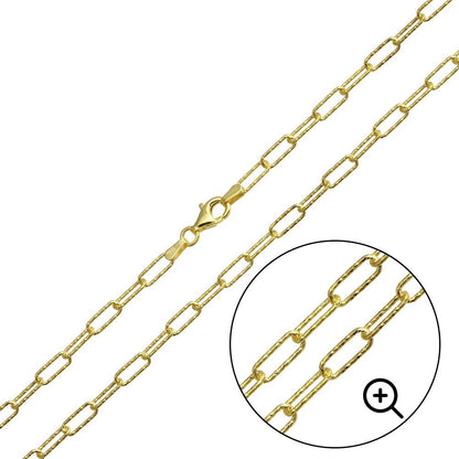 Textured Mesh Paperclip Chain 925 Sterling Silver, Diamond Cut Elongated Link Necklace, 14K Gold Plated or Rhodium Plated Streetwear