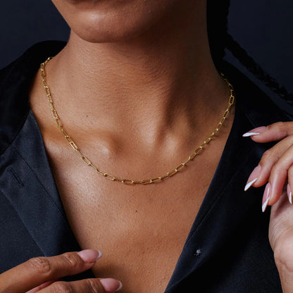 Textured Mesh Paperclip Chain 925 Sterling Silver, Diamond Cut Elongated Link Necklace, 14K Gold Plated or Rhodium Plated Streetwear