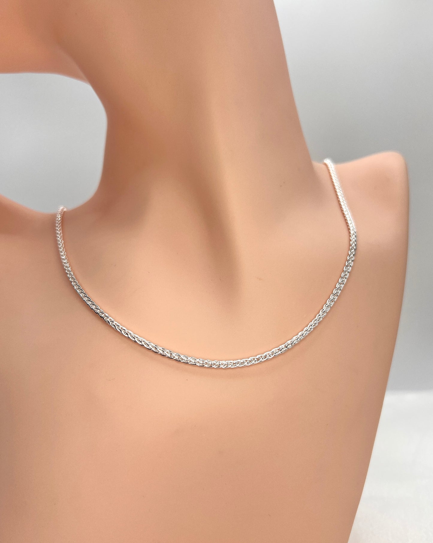 Solid 925 Sterling Silver Wheat Chain, Woven Spiga Link Necklace for Men & Women, Premium Solid Silver Braided Chain for Charms and Crosses