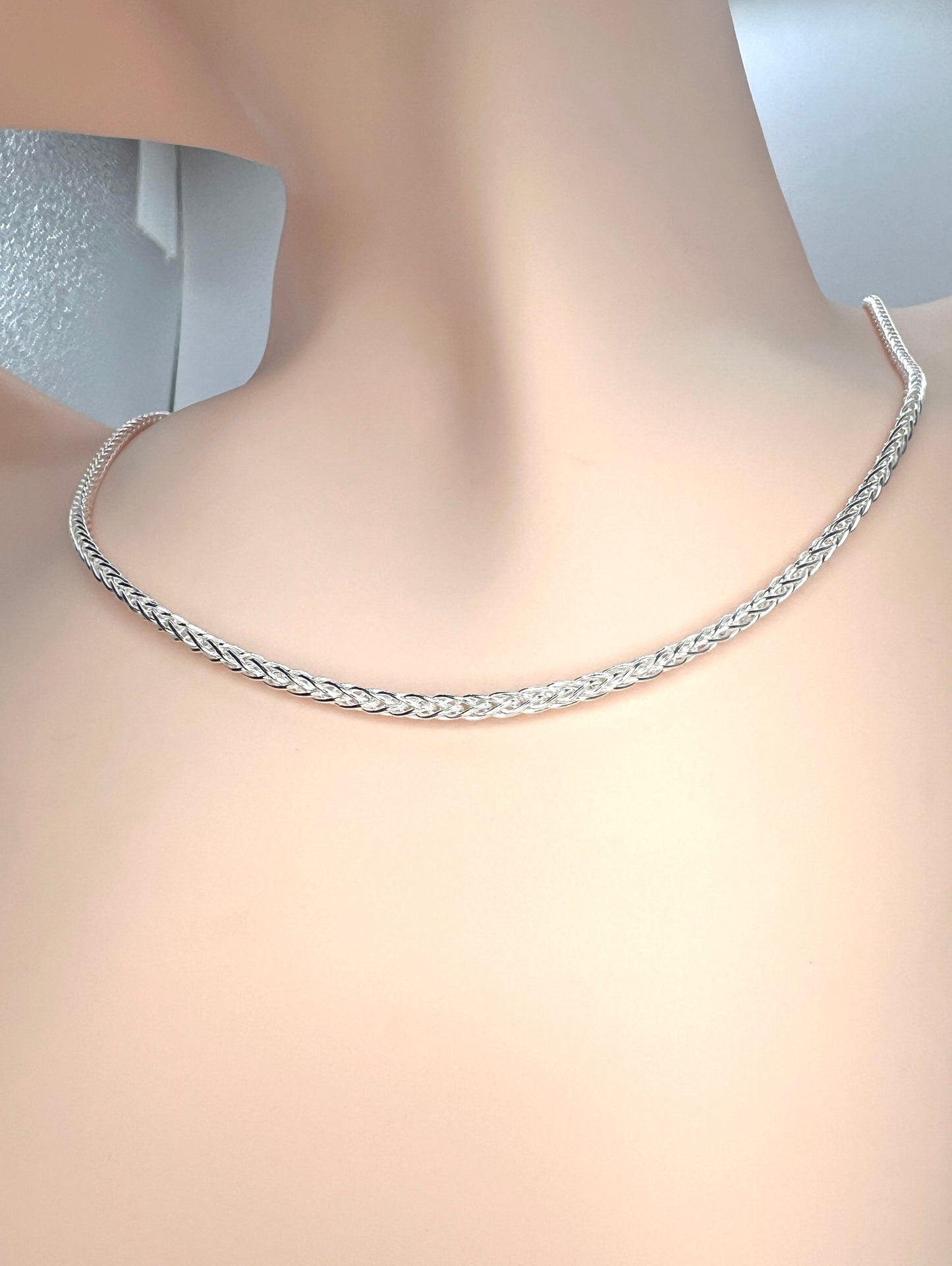 Solid 925 Sterling Silver Wheat Chain, Woven Spiga Link Necklace for Men & Women, Premium Solid Silver Braided Chain for Charms and Crosses