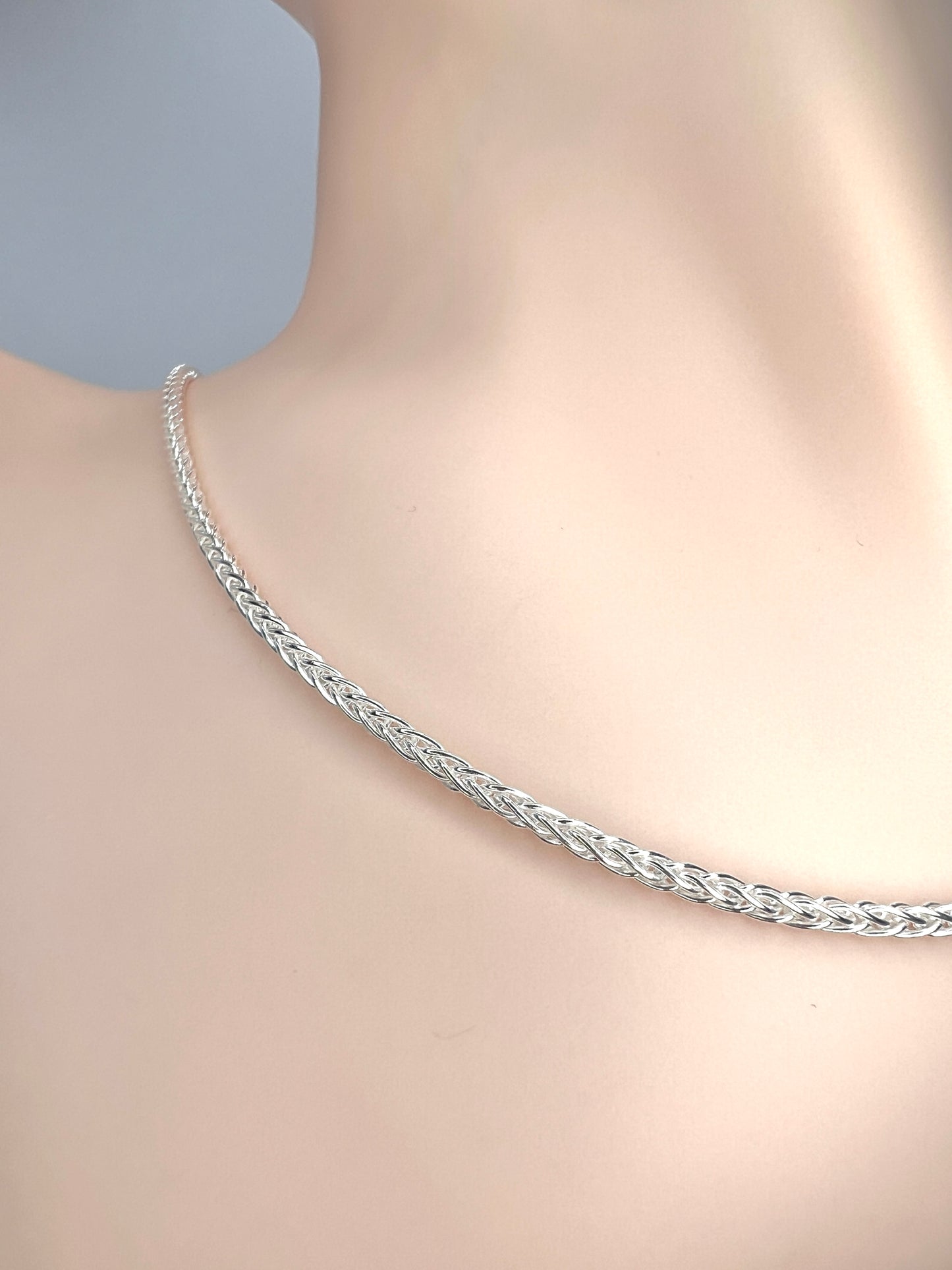 Solid 925 Sterling Silver Wheat Chain, Woven Spiga Link Necklace for Men & Women, Premium Solid Silver Braided Chain for Charms and Crosses