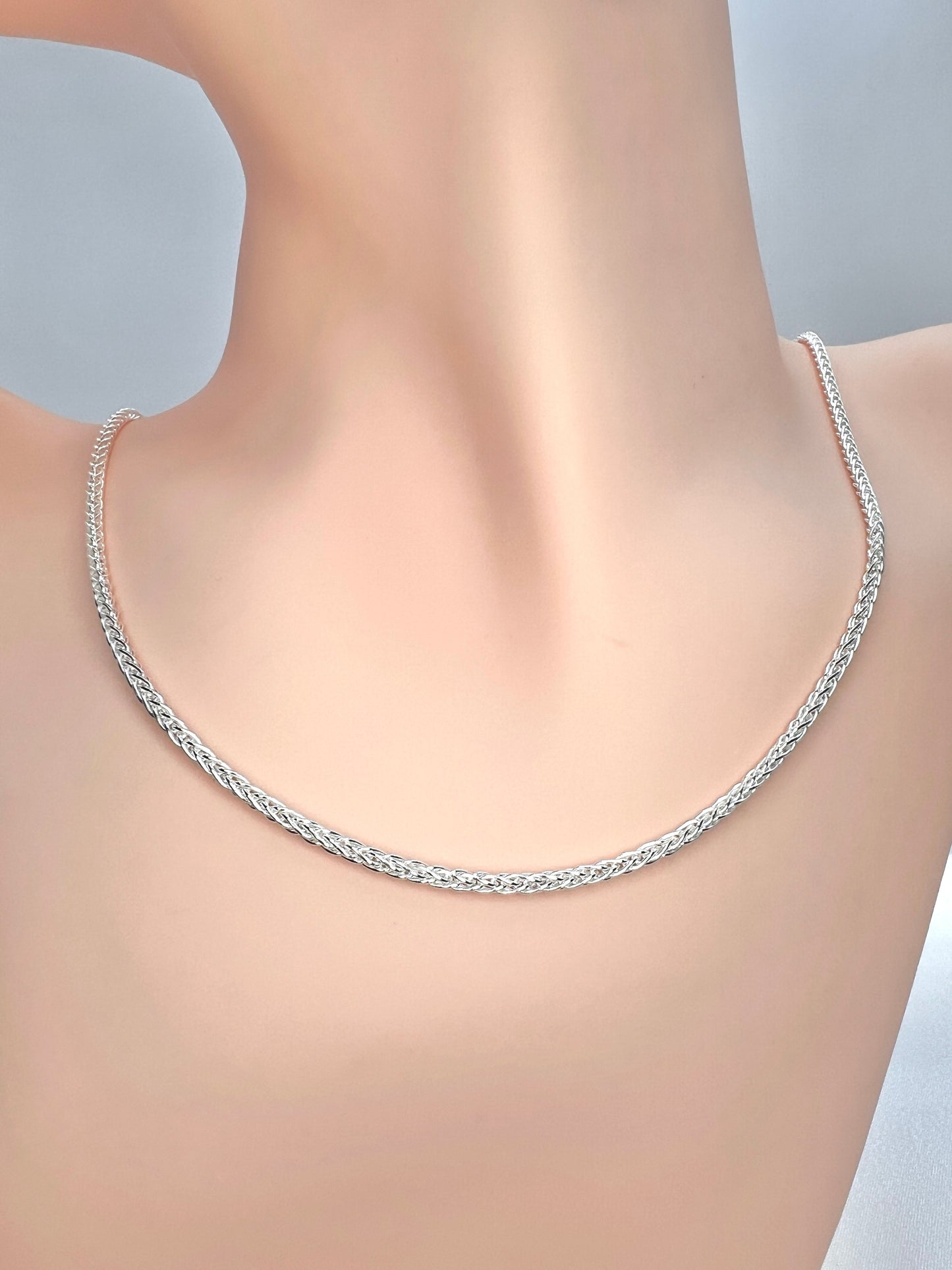 Solid 925 Sterling Silver Wheat Chain, Woven Spiga Link Necklace for Men & Women, Premium Solid Silver Braided Chain for Charms and Crosses