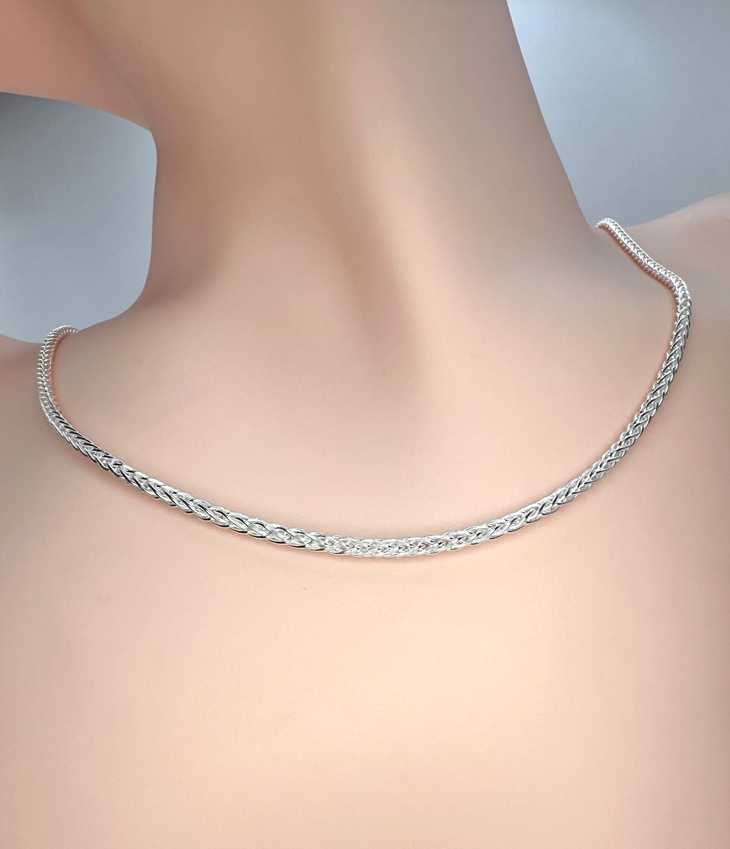 Solid 925 Sterling Silver Wheat Chain, Woven Spiga Link Necklace for Men & Women, Premium Solid Silver Braided Chain for Charms and Crosses