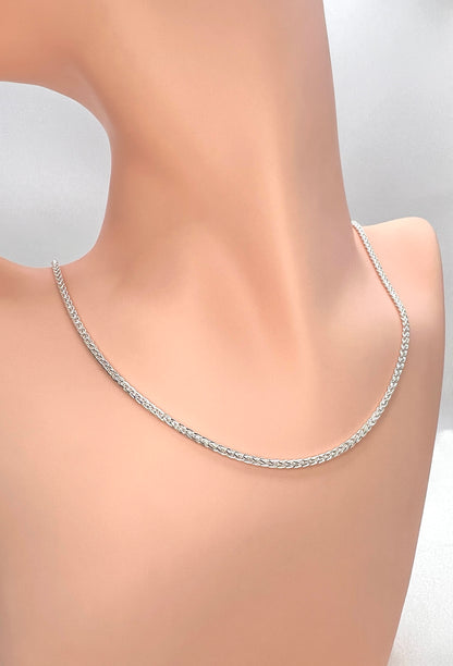 Solid 925 Sterling Silver Wheat Chain, Woven Spiga Link Necklace for Men & Women, Premium Solid Silver Braided Chain for Charms and Crosses