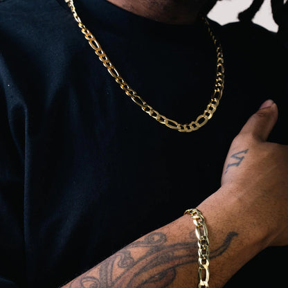 Solid 925 Sterling Silver Figaro Chain, 14K Gold Plated Alternating Link Necklace for Men & Women, Heavy Flat Chain 5mm to 8.9mm