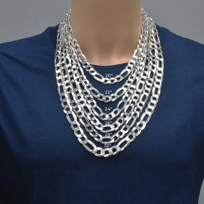 Solid 925 Sterling Silver Figaro Chain Necklace, Flat Curb Figaro, Classic 3+1 Link Necklace for Men & Women, Link Chain for Large Pendants