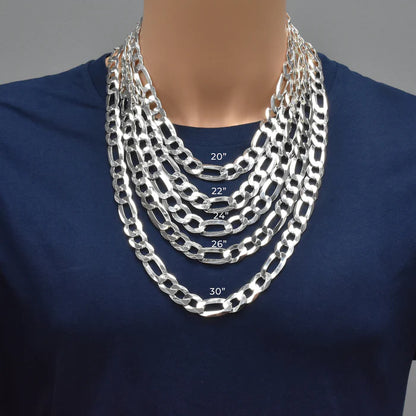 Solid 925 Sterling Silver Figaro Chain Necklace, Flat Curb Figaro, Classic 3+1 Link Necklace for Men & Women, Link Chain for Large Pendants