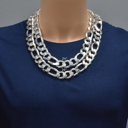 Solid 925 Sterling Silver Figaro Chain Necklace, Flat Curb Figaro, Classic 3+1 Link Necklace for Men & Women, Link Chain for Large Pendants