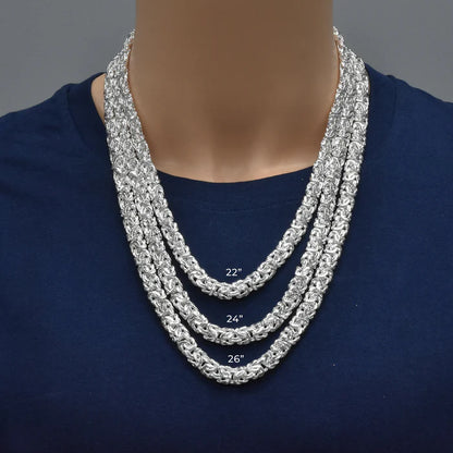 925 Sterling Silver Handmade Flat Byzantine Chain, Premium Silver Kings Braid Chain for Men & Women, Bold 8.1mm-11.1mm Woven Link Necklace