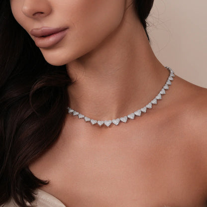 925 Sterling Silver CZ Heart Necklace, Rhodium Plated Studded Love Sparkling Cubic Zirconia Choker, Iced Out Silver Heart Pendant Necklace