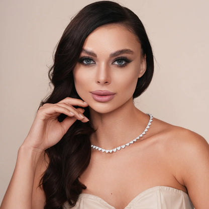 925 Sterling Silver CZ Heart Necklace, Rhodium Plated Studded Love Sparkling Cubic Zirconia Choker, Iced Out Silver Heart Pendant Necklace