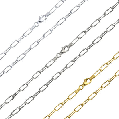 Textured Mesh Paperclip Chain 925 Sterling Silver, Diamond Cut Elongated Link Necklace, 14K Gold Plated or Rhodium Plated Streetwear