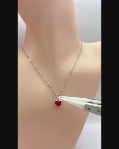 Solid 925 Sterling Silver Custom Engraved Red Enamel Double Heart Necklace, Iced CZ Love Pendant, Personalized Silver Red Heart Necklace