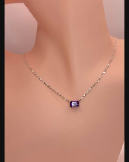 Solid 14K Gold Emerald Cut Birthstone Necklace, 925 Sterling Silver 7x5mm Dainty Rectangle Plain Charm Pendant, Personalized Gift for Her
