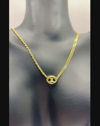 925 Sterling Silver Double Strand Necklace • Gold or Rhodium Plated Puffed Mariner Pendant Layered Rope & Curb Chain Minimalist Choker Gift