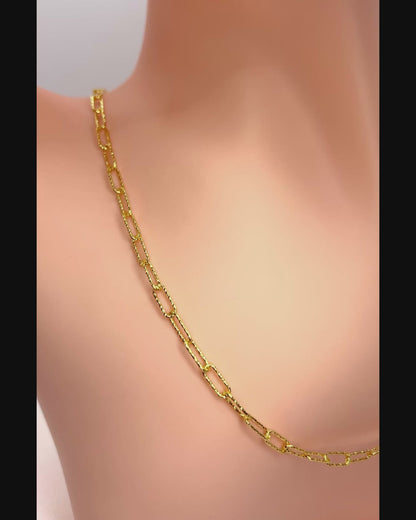 Textured Mesh Paperclip Chain 925 Sterling Silver, Diamond Cut Elongated Link Necklace, 14K Gold Plated or Rhodium Plated Streetwear