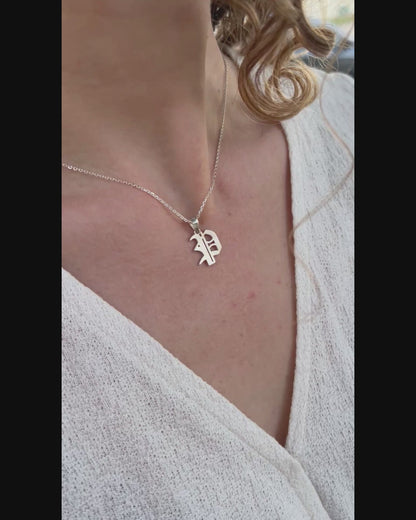 Gothic Old English Initial Necklace 925 Sterling Silver, Sand-Blasted Textured Custom Letter Pendant, Edgy Monogram Gift