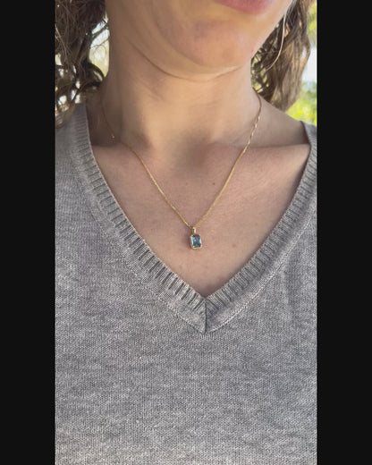 Solid 14K Gold Emerald Cut Birthstone Pendant, 925 Sterling Silver 7x5mm Rectangle Fancy Beaded Necklace Personalized Gift for Her Stackable