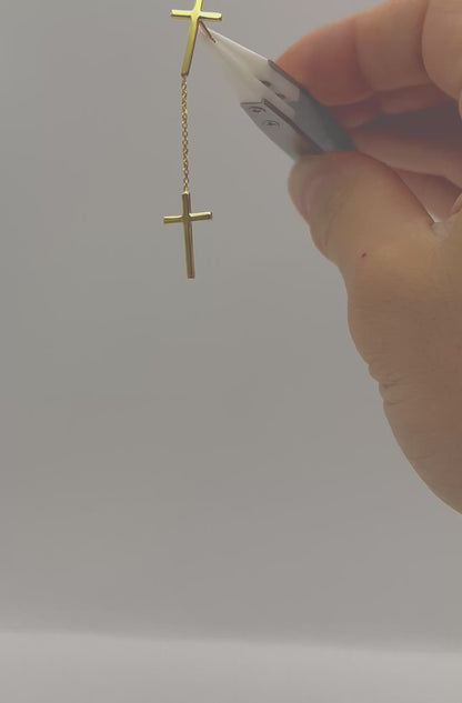14K Gold Plated Dangling Cross Earring, 925 Sterling Silver Long Drop Crucifix Stud for Men & Women, Heavy Streetwear Hanging Cross Piercing