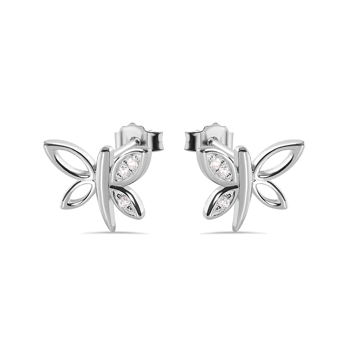 Solid 925 Sterling Silver Dragonfly Butterfly Stud Earrings, Whimsical Cubic Zirconia Nature Piercing for Women, Cute Dainty Winged Studs